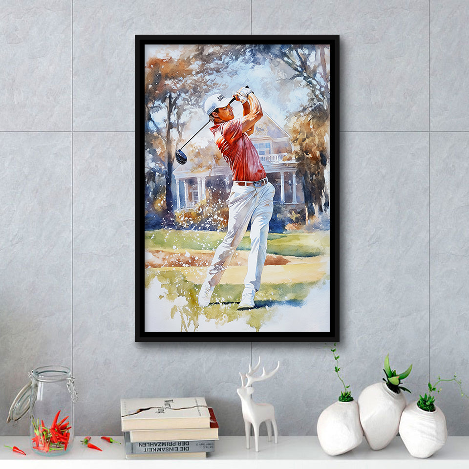 A Man Playing Golf Watercolor Painting, Golf Art Print, Floating Frame, Framed Canvas Print Wall Art