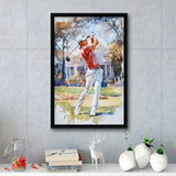 A Man Playing Golf Watercolor Painting, Golf Art Print, Floating Frame, Framed Canvas Print Wall Art