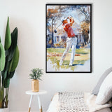 A Man Playing Golf Watercolor Painting, Golf Art Print, Floating Frame, Framed Canvas Print Wall Art