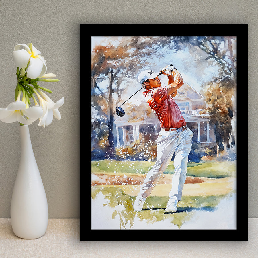 A Man Playing Golf Watercolor Painting, Golf Art, Gift for him, Framed Art Print Wall Decor