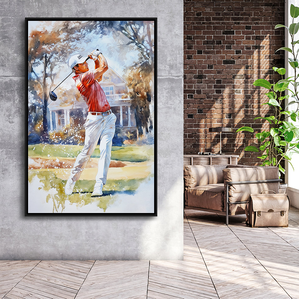 A Man Playing Golf Watercolor Painting, Golf Art Print, Floating Frame, Framed Canvas Print Wall Art