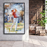 A Man Playing Golf Watercolor Painting, Golf Art Print, Floating Frame, Framed Canvas Print Wall Art