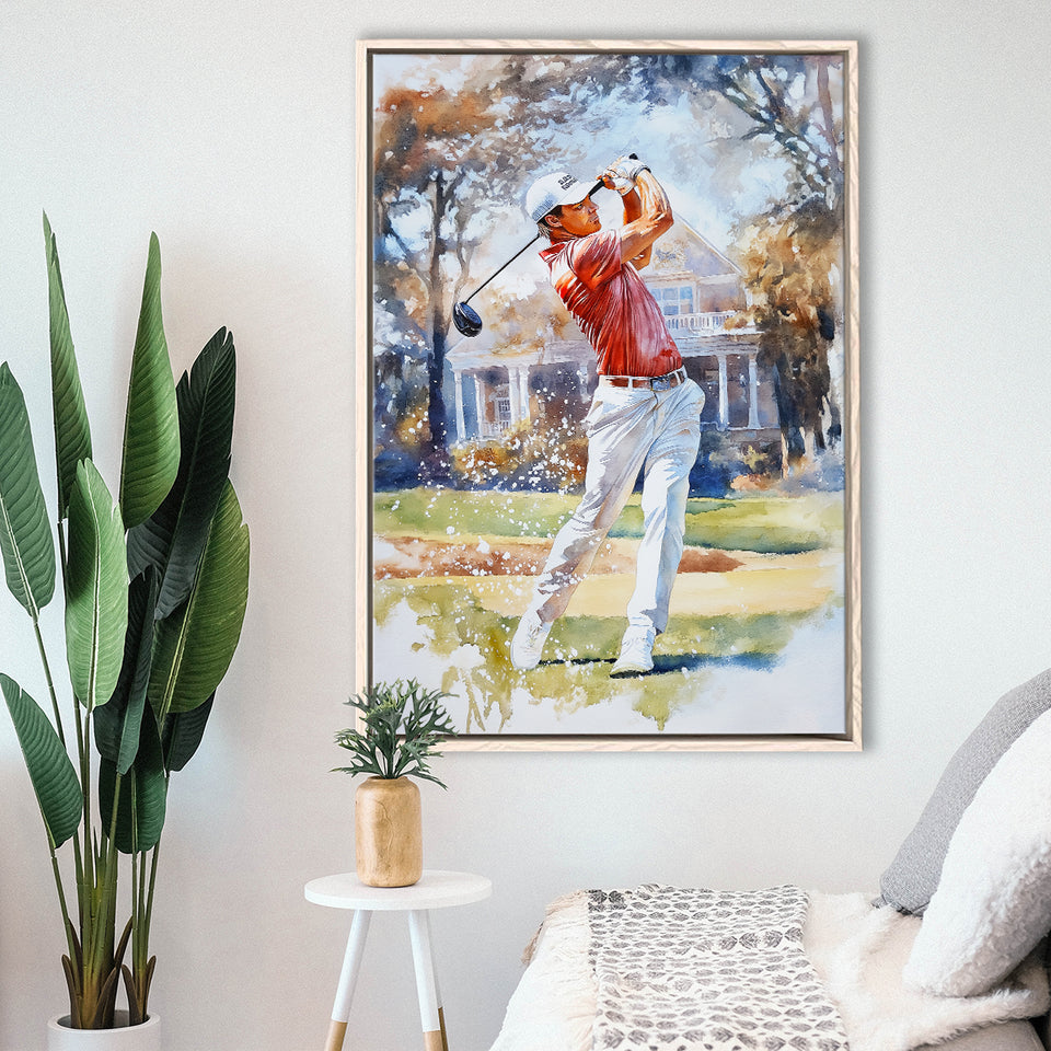 A Man Playing Golf Watercolor Painting, Golf Art Print, Floating Frame, Framed Canvas Print Wall Art