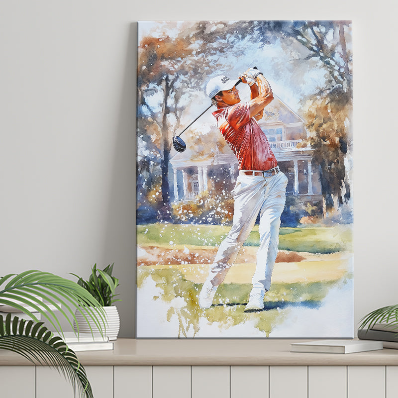 A Man Playing Golf Watercolor Painting, Golf Art Print, Gift for him, Canvas Print Wall Art