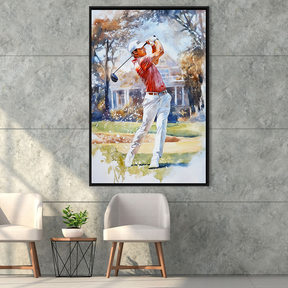 A Man Playing Golf Watercolor Painting, Golf Art Print, Floating Frame, Framed Canvas Print Wall Art