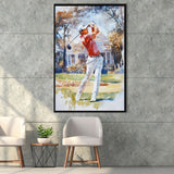 A Man Playing Golf Watercolor Painting, Golf Art Print, Floating Frame, Framed Canvas Print Wall Art