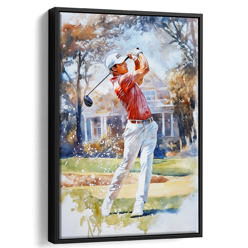 A Man Playing Golf Watercolor Painting, Golf Art Print, Floating Frame, Framed Canvas Print Wall Art