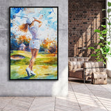 A Woman Playing Golf Painting, Golf Art Print, Floating Frame, Framed Canvas Print Wall Art