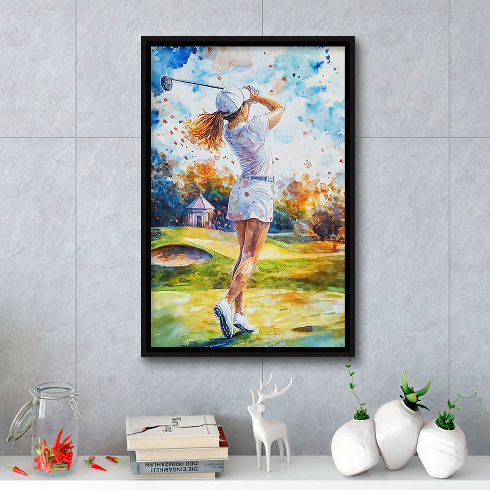 A Woman Playing Golf Painting, Golf Art Print, Floating Frame, Framed Canvas Print Wall Art