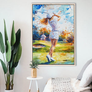 A Woman Playing Golf Painting, Golf Art Print, Floating Frame, Framed Canvas Print Wall Art