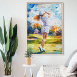 A Woman Playing Golf Painting, Golf Art Print, Floating Frame, Framed Canvas Print Wall Art