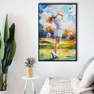 A Woman Playing Golf Painting, Golf Art Print, Floating Frame, Framed Canvas Print Wall Art