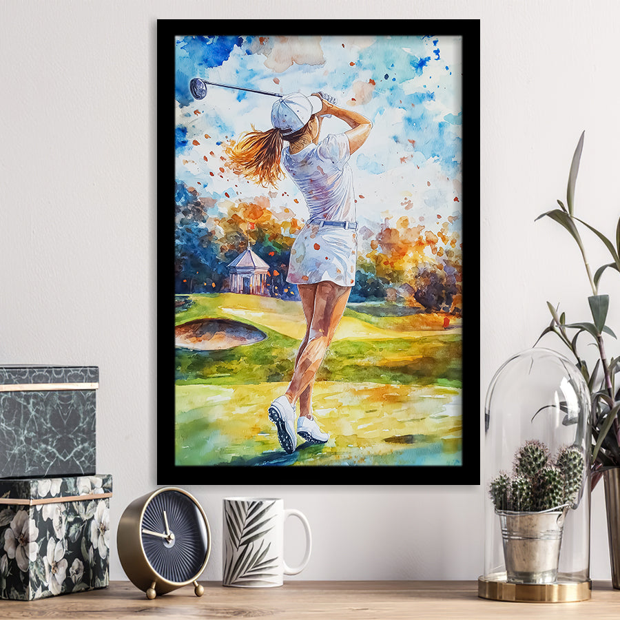 A Woman Playing Golf Painting, Golf Art, Gift for him, Framed Art Print Wall Decor