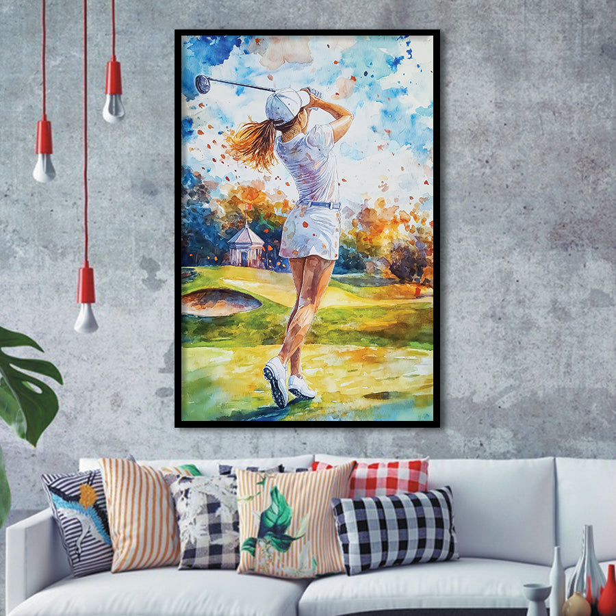 A Woman Playing Golf Painting, Golf Art, Gift for him, Framed Art Print Wall Decor