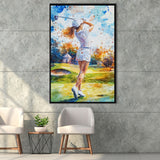 A Woman Playing Golf Painting, Golf Art Print, Floating Frame, Framed Canvas Print Wall Art