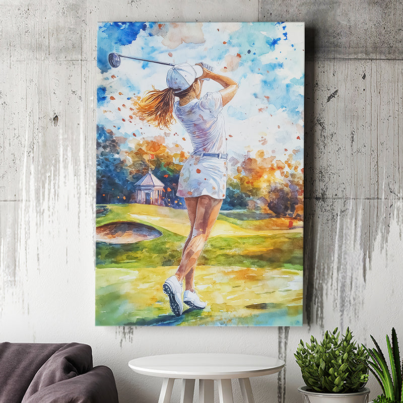 A Woman Playing Golf Painting, Golf Art Print, Gift for him, Canvas Print Wall Art