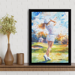 A Woman Playing Golf Painting, Golf Art Print, Floating Frame, Framed Canvas Print Wall Art