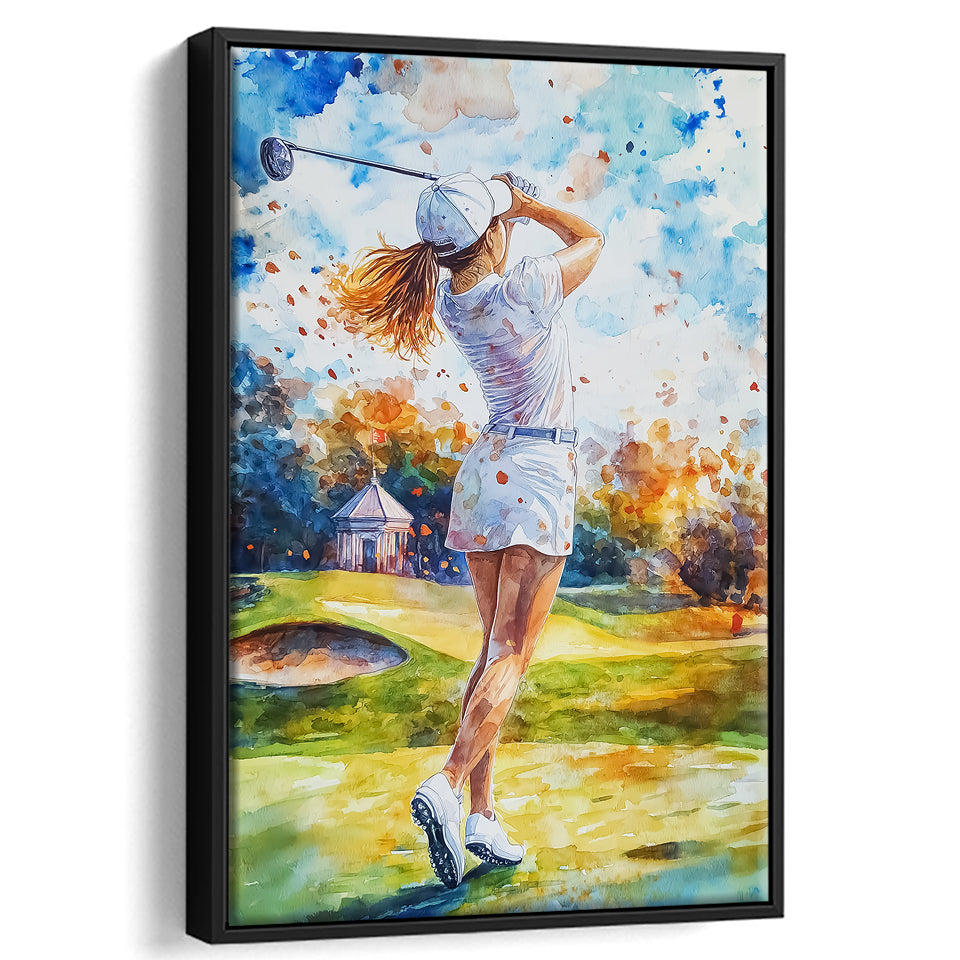 A Woman Playing Golf Painting, Golf Art Print, Floating Frame, Framed Canvas Print Wall Art