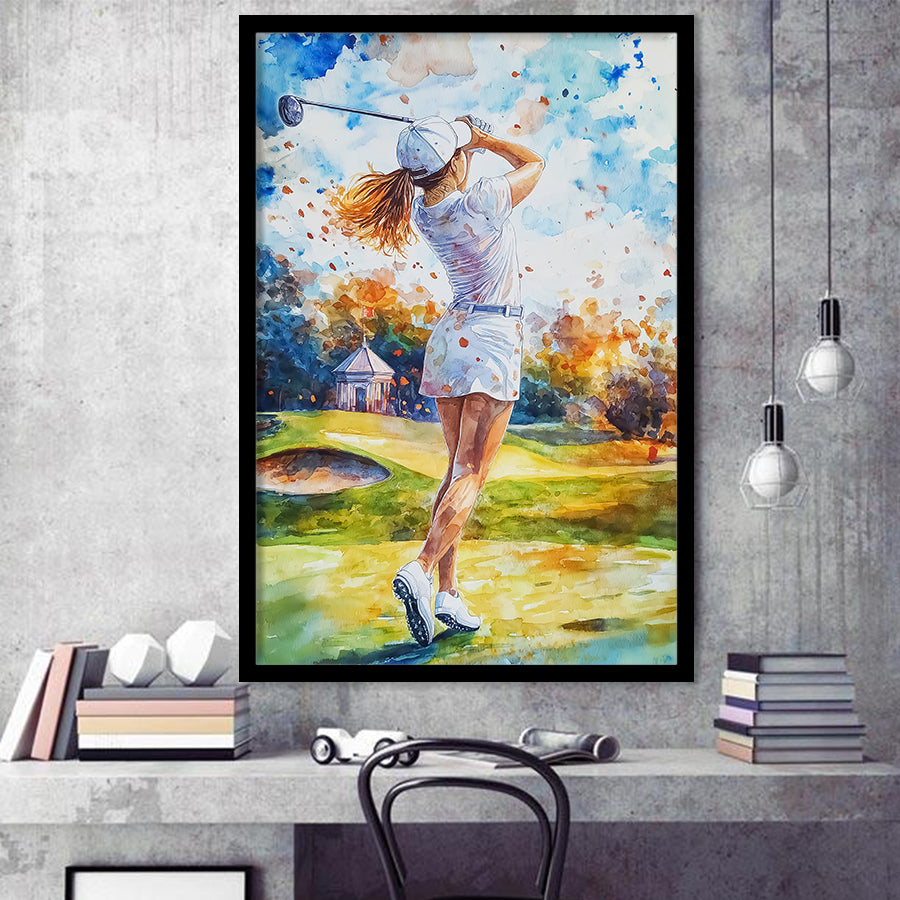 A Woman Playing Golf Painting, Golf Art, Gift for him, Framed Art Print Wall Decor