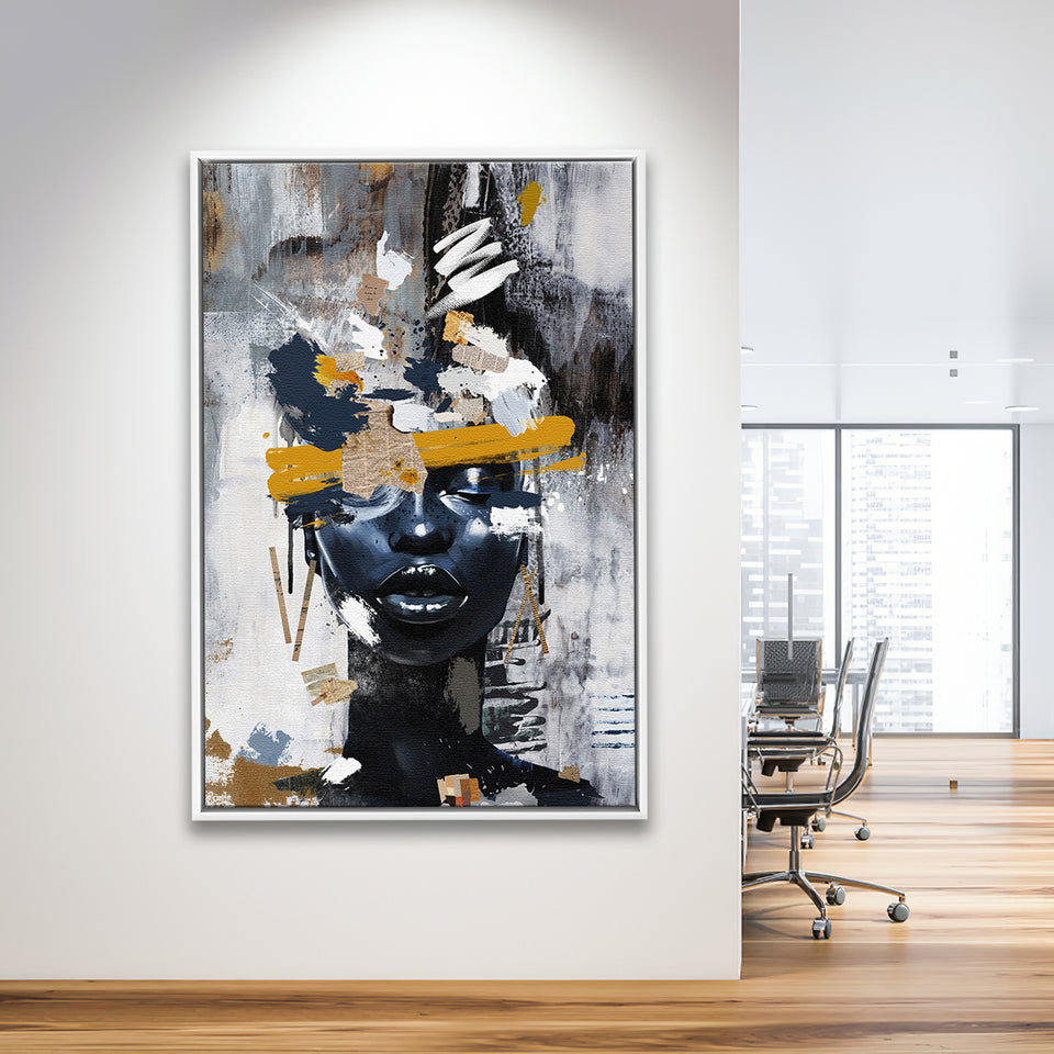 Abstarct Unique Face Art African Woman Mixed Color, Framed Canvas Prints Wall Art Decor, Floating Frame