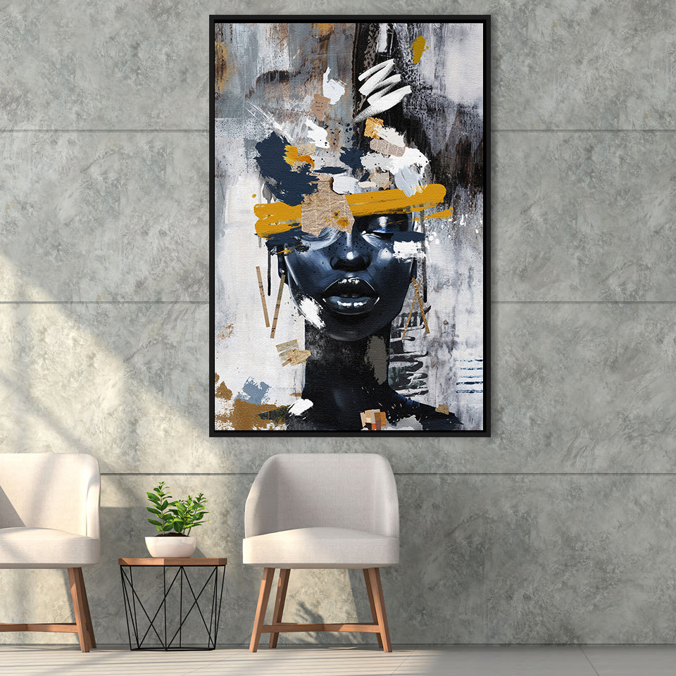 Abstarct Unique Face Art African Woman Mixed Color, Framed Canvas Prints Wall Art Decor, Floating Frame