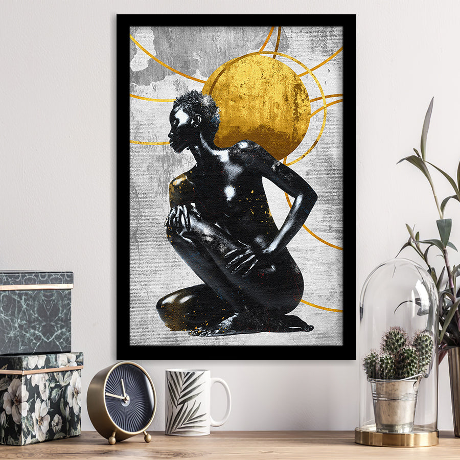 Abstract African Womon And Golden Moon, Grey And Golden Art, Framed Art Prints Wall Art Decor, Framed Picture