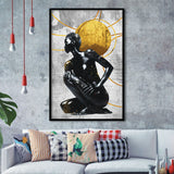 Abstract African Womon And Golden Moon, Grey And Golden Art, Framed Art Prints Wall Art Decor, Framed Picture