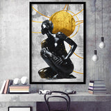 Abstract African Womon And Golden Moon, Grey And Golden Art, Framed Art Prints Wall Art Decor, Framed Picture