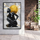 Abstract African Womon And Golden Moon, Grey And Golden Art, Framed Canvas Prints Wall Art Decor, Floating Frame