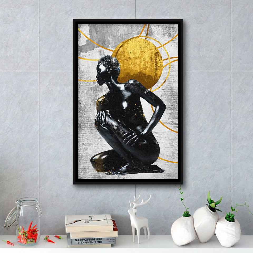 Abstract African Womon And Golden Moon, Grey And Golden Art, Framed Canvas Prints Wall Art Decor, Floating Frame