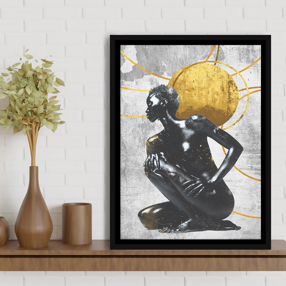 Abstract African Womon And Golden Moon, Grey And Golden Art, Framed Canvas Prints Wall Art Decor, Floating Frame