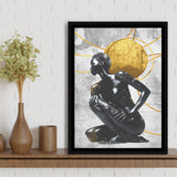 Abstract African Womon And Golden Moon, Grey And Golden Art, Framed Canvas Prints Wall Art Decor, Floating Frame