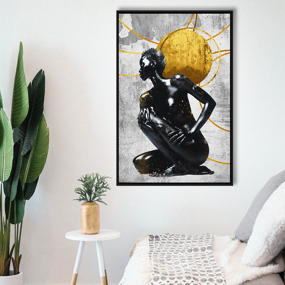 Abstract African Womon And Golden Moon, Grey And Golden Art, Framed Canvas Prints Wall Art Decor, Floating Frame