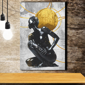 Abstract African Womon And Golden Moon, Grey And Golden Art, Canvas Prints Wall Art Decor, Painting Canvas