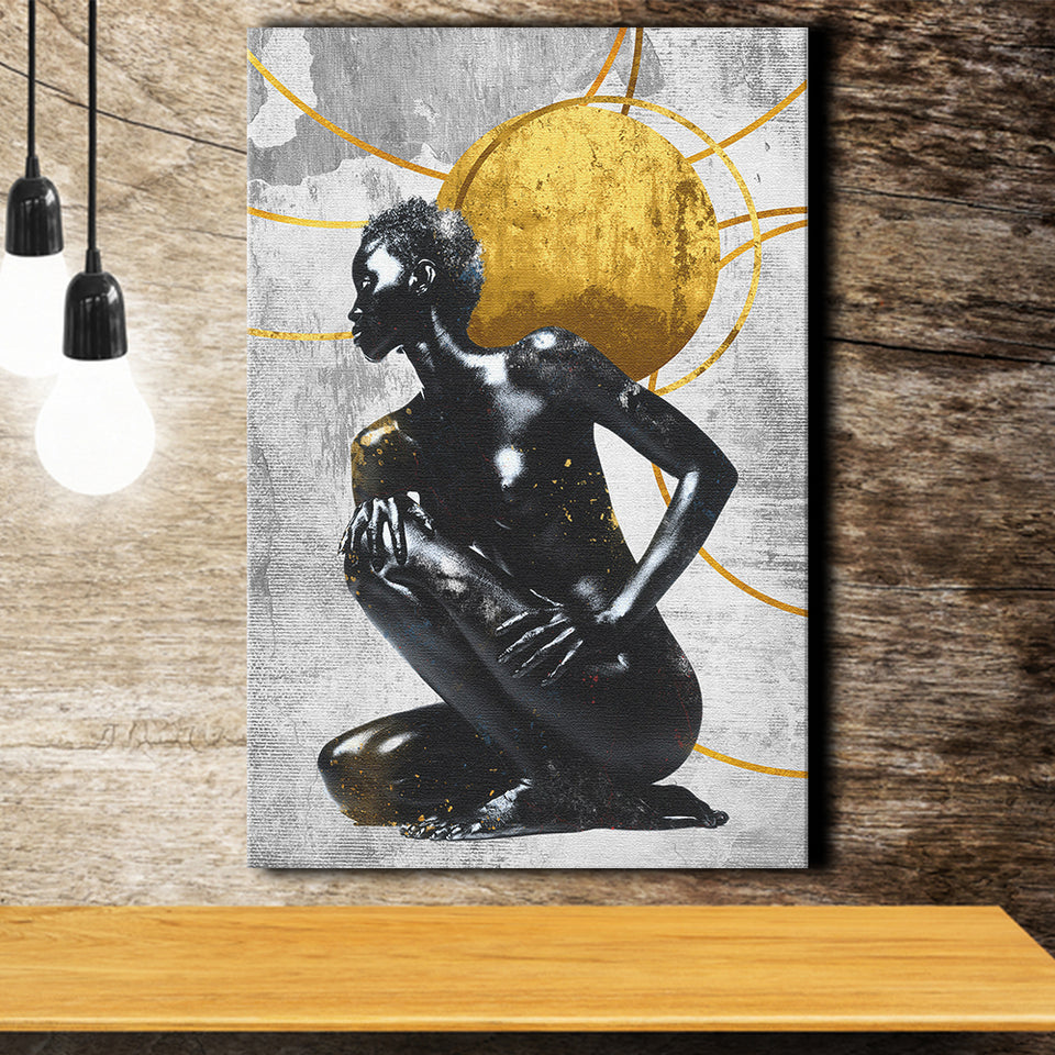 Abstract African Womon And Golden Moon, Grey And Golden Art, Canvas Prints Wall Art Decor, Painting Canvas