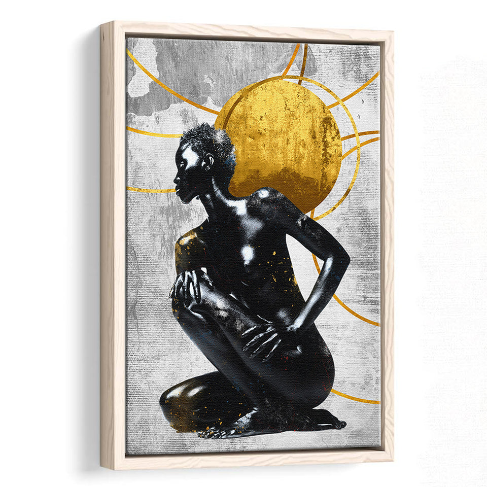 Abstract African Womon And Golden Moon, Grey And Golden Art, Framed Canvas Prints Wall Art Decor, Floating Frame