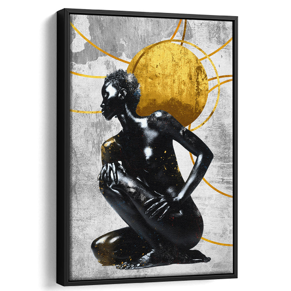 Abstract African Womon And Golden Moon, Grey And Golden Art, Framed Canvas Prints Wall Art Decor, Floating Frame