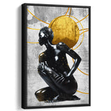 Abstract African Womon And Golden Moon, Grey And Golden Art, Framed Canvas Prints Wall Art Decor, Floating Frame