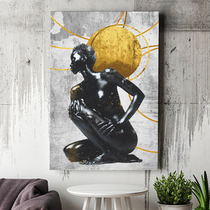 Abstract African Womon And Golden Moon, Grey And Golden Art, Canvas Prints Wall Art Decor, Painting Canvas