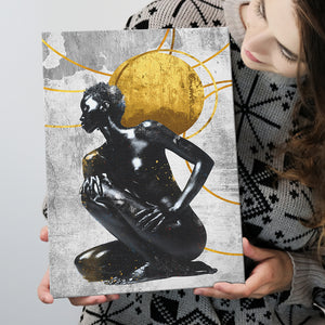 Abstract African Womon And Golden Moon, Grey And Golden Art, Canvas Prints Wall Art Decor, Painting Canvas