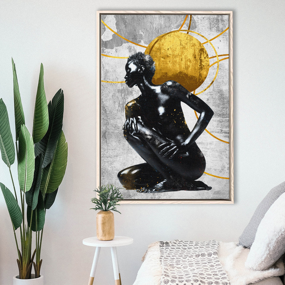 Abstract African Womon And Golden Moon, Grey And Golden Art, Framed Canvas Prints Wall Art Decor, Floating Frame