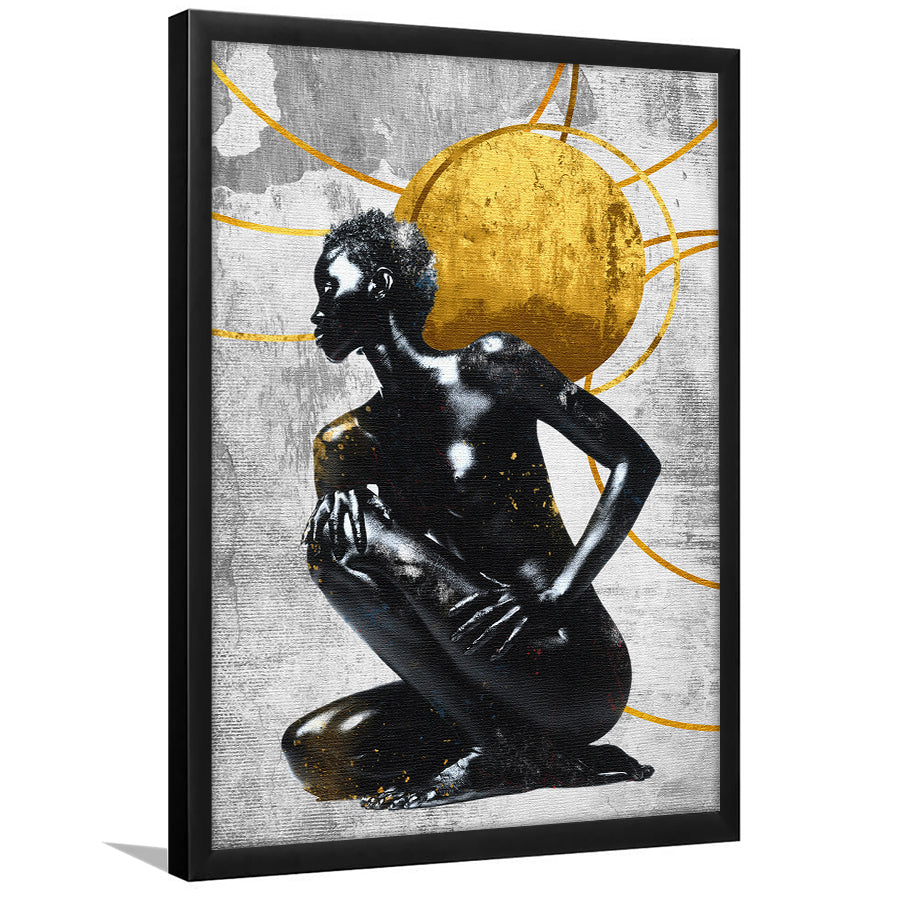 Abstract African Womon And Golden Moon, Grey And Golden Art, Framed Art Prints Wall Art Decor, Framed Picture