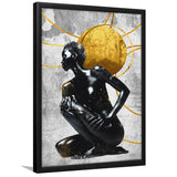 Abstract African Womon And Golden Moon, Grey And Golden Art, Framed Art Prints Wall Art Decor, Framed Picture