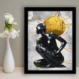 Abstract African Womon And Golden Moon, Grey And Golden Art, Framed Art Prints Wall Art Decor, Framed Picture