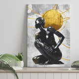 Abstract African Womon And Golden Moon, Grey And Golden Art, Canvas Prints Wall Art Decor, Painting Canvas