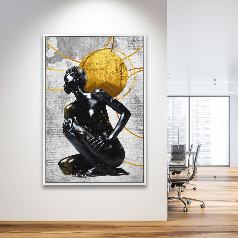 Abstract African Womon And Golden Moon, Grey And Golden Art, Framed Canvas Prints Wall Art Decor, Floating Frame