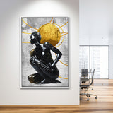 Abstract African Womon And Golden Moon, Grey And Golden Art, Framed Canvas Prints Wall Art Decor, Floating Frame
