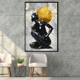 Abstract African Womon And Golden Moon, Grey And Golden Art, Framed Canvas Prints Wall Art Decor, Floating Frame
