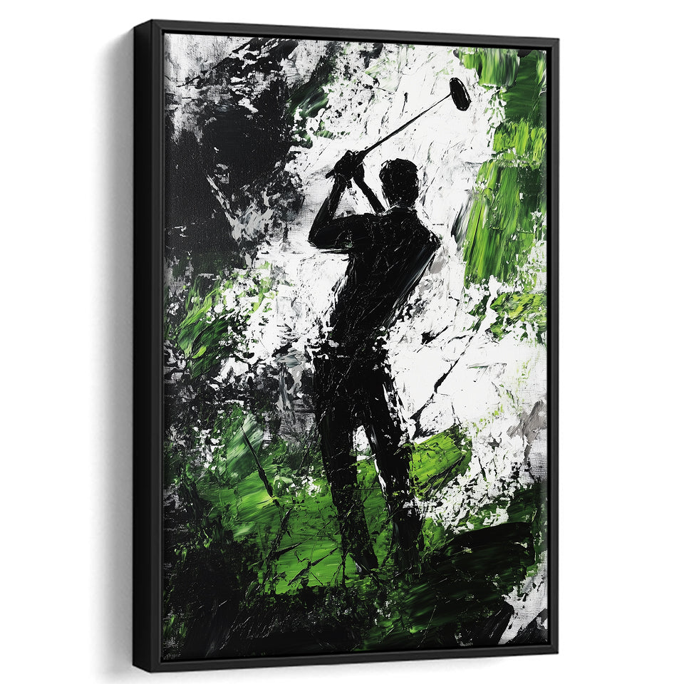 Abstract Man Palying Golf, Oil Painting, Golf Art Print, Floating Frame, Framed Canvas Print Wall Art