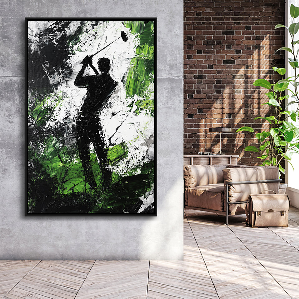 Abstract Man Palying Golf, Oil Painting, Golf Art Print, Floating Frame, Framed Canvas Print Wall Art